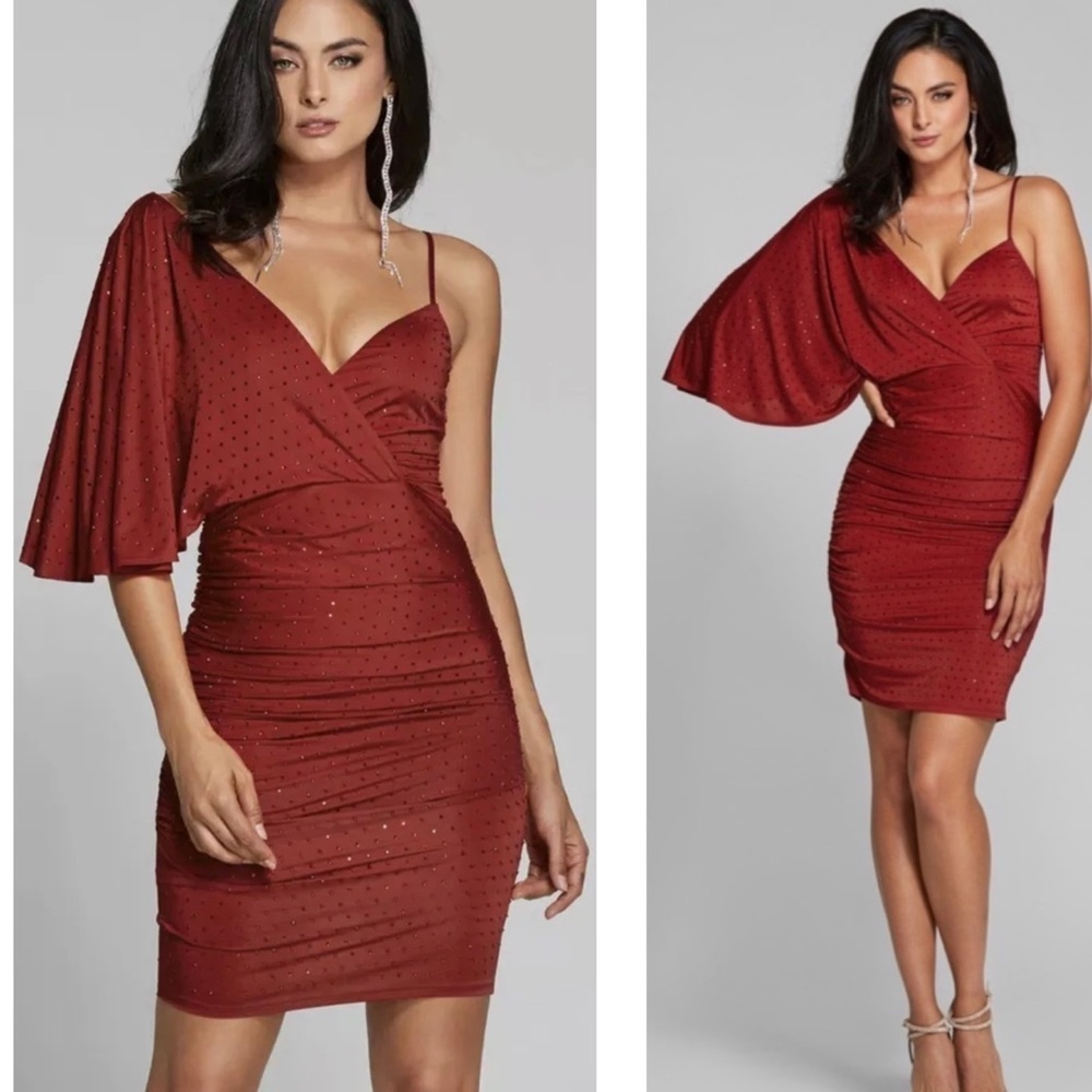 Marciano for Guess red crystal rhinestone embellished one shoulder ruched dress